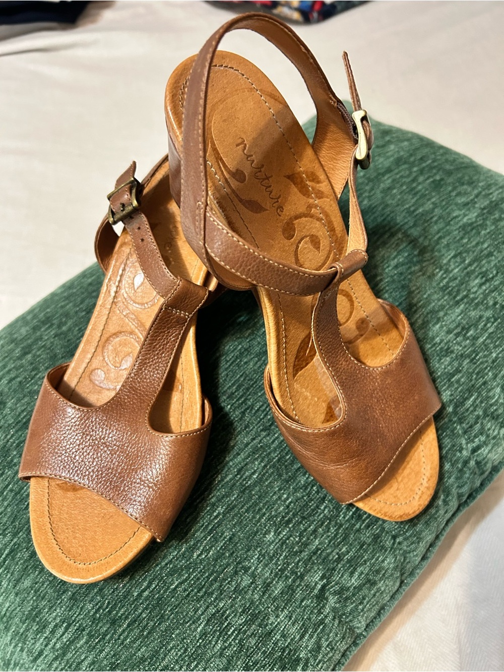 Nurture by Lamaze Brown Leather T-Strap Wedge Sandals Summer